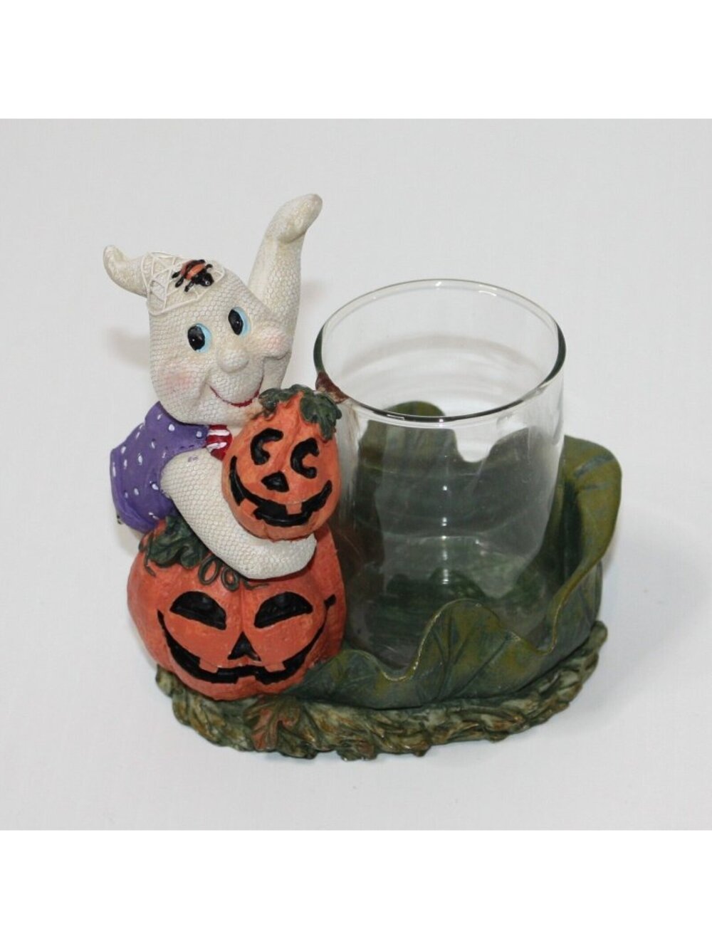 Cute Ghost with Pumpkins Ceramic Decoration Glass Tealight Candle Holder Decor